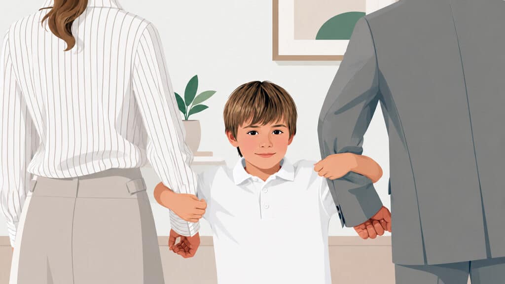 Vector-style illustration of a young boy standing between two separated parents, holding onto their arms in a calm modern indoor setting.